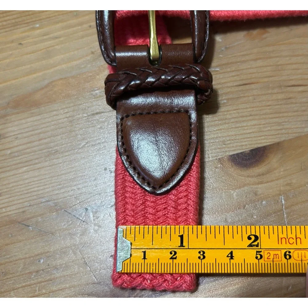 Talbots Coral Woven Braided Belt Brown Leather Trim Large Preppy Classic Bright